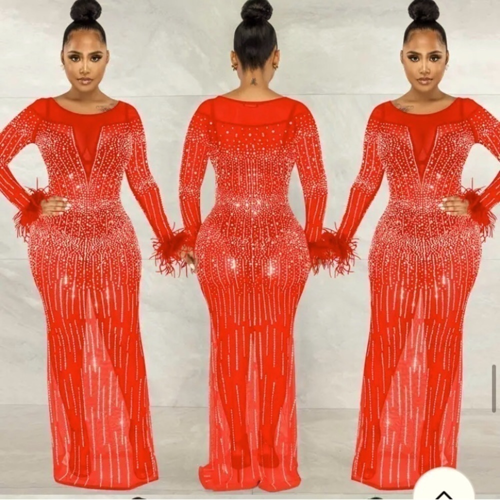 Max Dress Long Sleeves. Rhinestone Crystals. Mesh Fabric ,Gala Dress
